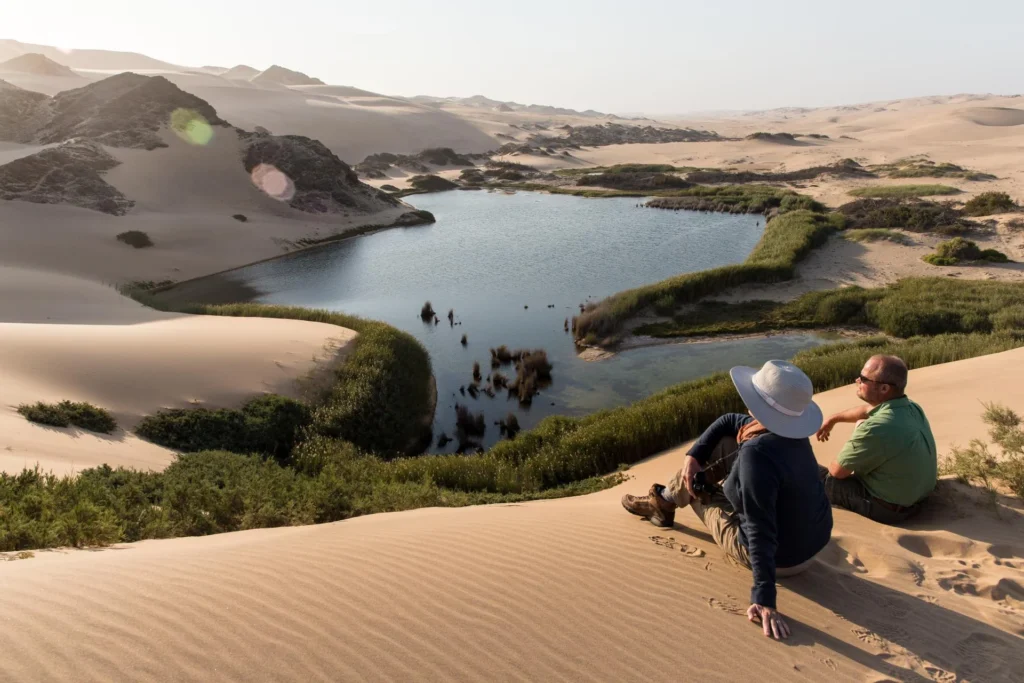 Two people sitting on sand dunes overlooking a desert oasis lake surrounded by vegetation and rolling dunes.