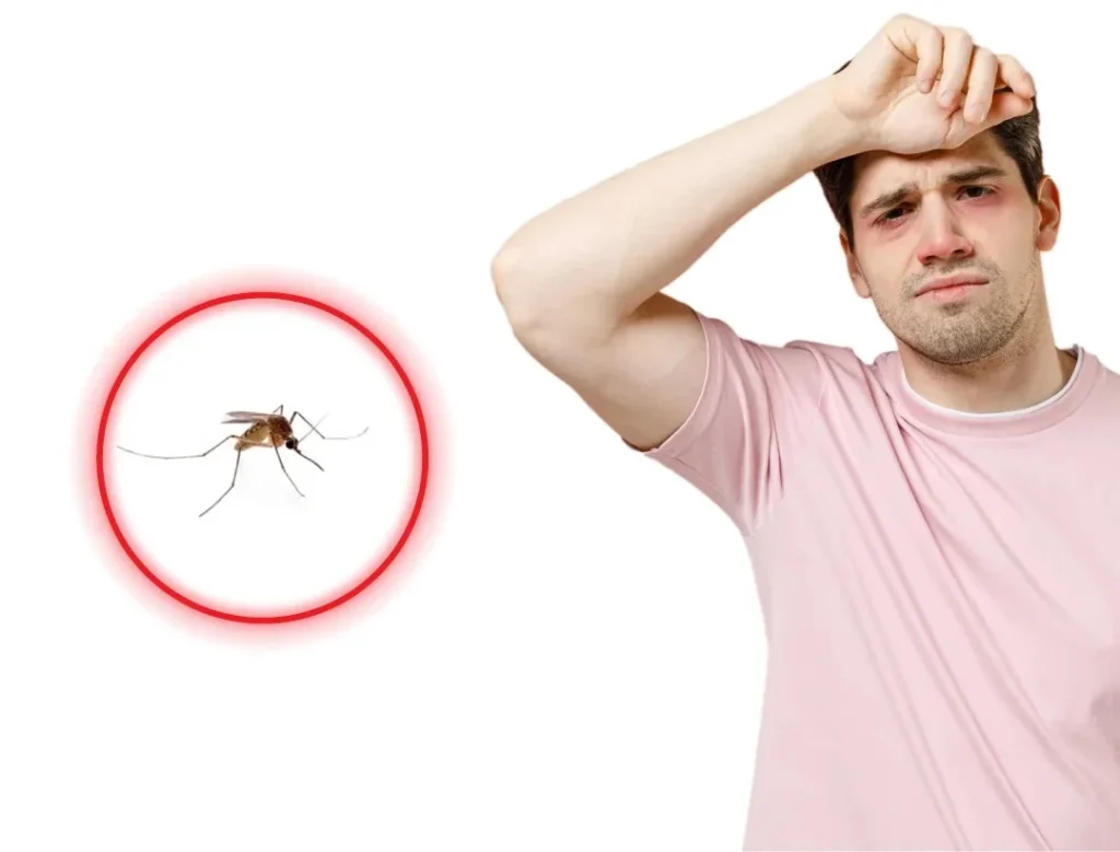 A man holding his forehead in pain with red, swollen eyes next to an image of a mosquito in a red circle.