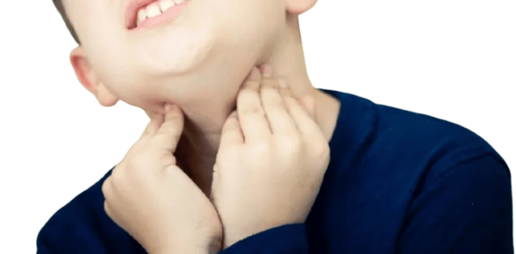 Child holding their throat in discomfort, suggesting sore throat or throat infection symptoms.