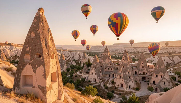 Scenic landscape of Cappadocia, Turkey with conical rock formations, cave dwellings, and colorful hot air balloons at sunrise.